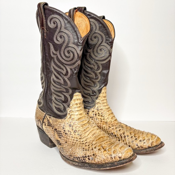 Tony Lama Snakeskin Cowboy Boots with Leather Embroidered Shaft Size 7 Men’s Tan - Picture 1 of 8